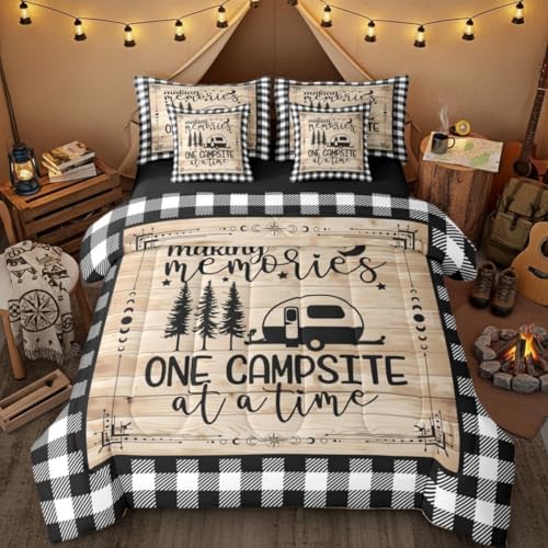 Erosebridal Camper Decorations Comforter Set - 7 Pieces Happy Camping Bedding Sets Full Bed in A Bag Boho Sun Moon Comforter, Wooden Planks Sheets, Rustic Farmhouse Pillowcases & Throw Pillow Covers