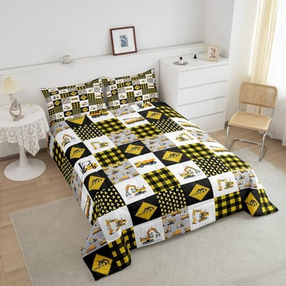 Teens Yellow Trucks Comforter Set Queen Size,Crane Excavator Bedding Set for Kids Boys Girls Bedroom Decoration,Car Geometric Grid Bed Duvet Insert,Under Construction Comforter with 2 Pillowcases