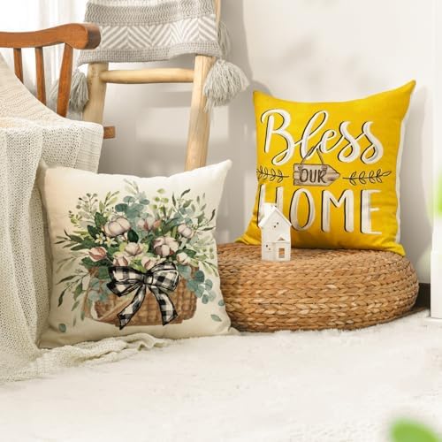 AVOIN colorlife Bless Our Home Farmhouse Eucalyptus Leaves Throw Pillow Covers, 18 x 18 Inch Truck Home Sweet Cushion Case Decorations Set of 4