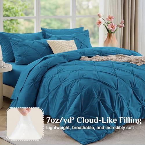 JOLLYVOGUE King Size Comforter Set 7 Pieces - Bed in a Bag King for All Season, Pintuck Bedding Comforter Sets with Comforter, Flat Sheet, Fitted Sheet and Pillowcases & Shams, Teal