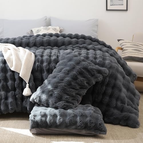 YIKUSH Queen Faux Fur Comforter Set, Fluffy Dark Gray Rabbit Fur Comforter