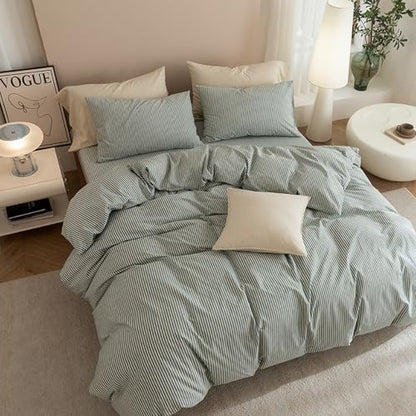 JIYUAN Queen Washed Cotton Duvet Cover Set, 3-Piece, Linen-Like Pinstripe