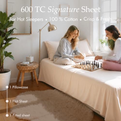 Threadmill 600 Thread Count Cotton Twin XL Sheet Set, Sateen, Beige