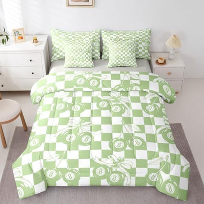 Erosebridal Fashion Y2K Bow 7 Piece Bedding Set King Size for Kids Boys Girls,Trendy Lucky 8 Ball Bowknot Comforter Set Cute Green Cherry Ball Bed in A Bag with Sheets Preppy Aesthetic Plaid Bed Set