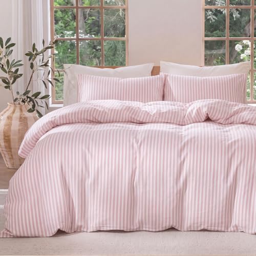 Bedbay Pink Striped Duvet Cover Set Queen Size, 100% Cotton 300TC Sateen, Dusty Rose Fine Stripe Bedding, Soft Smooth Breathable Luxury Sateen Set, 3 Pieces