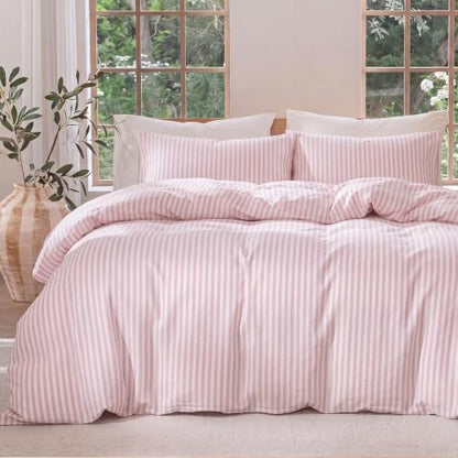 Bedbay Pink Striped Duvet Cover Set King Size, 100% Cotton 300TC Sateen, Dusty Rose Fine Stripe Bedding, Soft Smooth Breathable Luxury Sateen Set, 3 Pieces