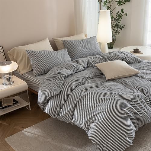 JIYUAN Twin Washed Cotton Duvet Cover Set, 2-Piece, Linen-Like Pinstripe