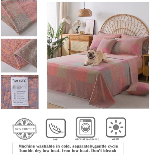 FADFAY King Sheets Set 100% Cotton Washed Double Gauze Muslin Bedding 4-Piece Boho Patchwork Checkered Floral Sheets Shabby Geometry Farmhouse Bedding Super Soft Deep Pocket Fitted Sheet, King Size