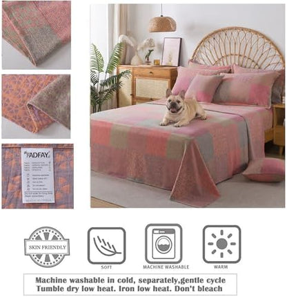 FADFAY King Sheets Set 100% Cotton Washed Double Gauze Muslin Bedding 4-Piece Boho Patchwork Checkered Floral Sheets Shabby Geometry Farmhouse Bedding Super Soft Deep Pocket Fitted Sheet, King Size
