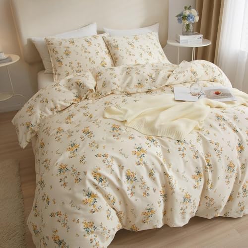 Yellow Floral Comforter Set Full Size Garden Style Flower Botanical Comforter Set Fluffy Soft Vintage Floral Bedding Set Full Chic Cottagecore Flowers Comforter with 2 Pillowcases for All Seasons