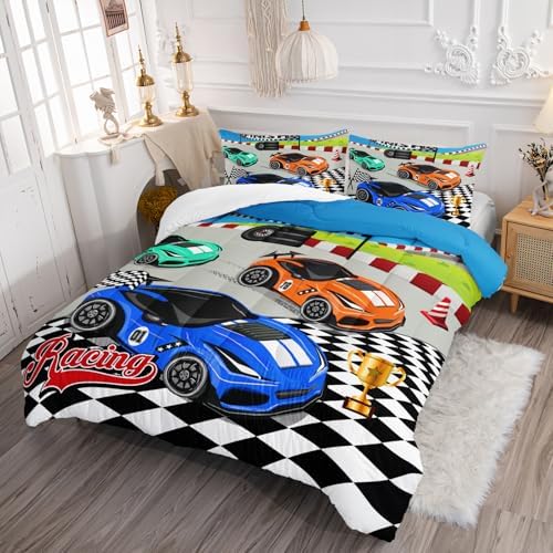 Axolotl Racing Car Bedding Set King,Cool Speed Race Car Comforter for Kids Boys Girls Teens,Racing Cars Quilt Set,Extreme Sport Theme with Three Cars Arrive at Finish,1 Comforter and 2 Pillowcases