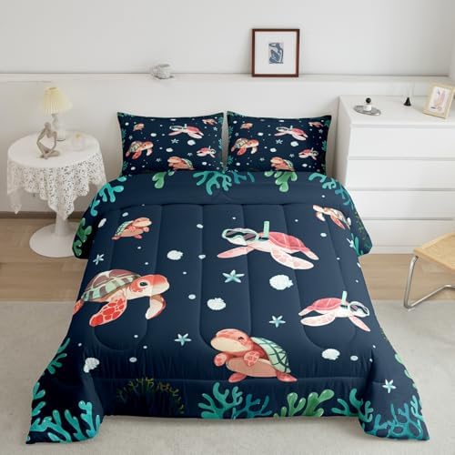 Homewish Cartoon Turtle Comforter Set Full Size,Shell Coral Bedding Sets 3Pcs for Kids Girls Boys Teens Room Decor,Diving Theme Sea Animals Quilt Set Blue Green Duvet Insert,2 Pillowcases