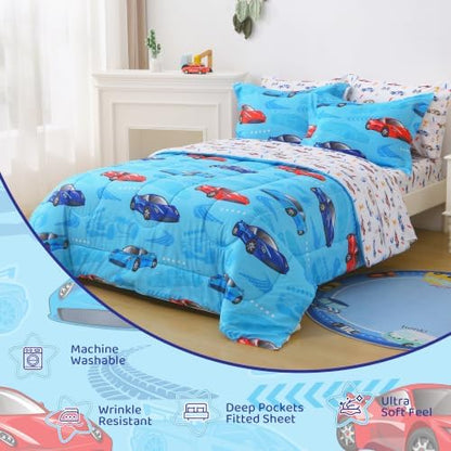 Viviland Kids Full Bedding Sets, Boys Comforter, Sky Blue Sports Cars