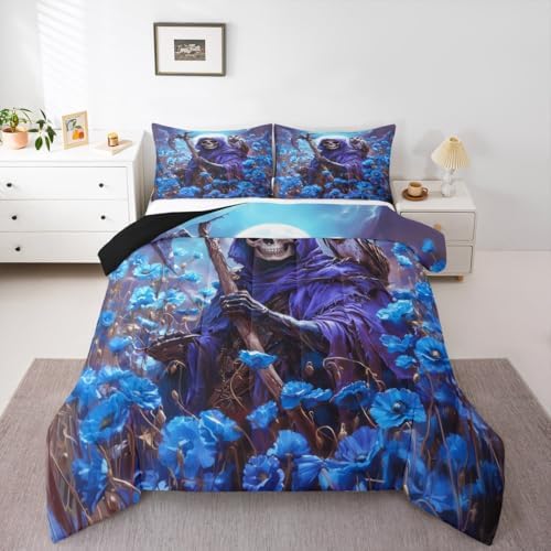 Skeleton Kids Comforter Set King Size,Skull Blue Poppy Flowers Moon Trippy Bedding Set,Girls Boys Room Decor,Happy Halloween Vintage Quilt Comforter,Gothic Romantic Duvet Insert,2 Pillowcases