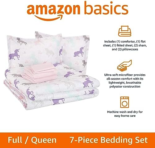 Amazon Basics 7-Piece Soft Microfiber Kid's Bed-in-a-Bag Bedding Set with Comforter and Sheet, Full/Queen, Purple Unicorns