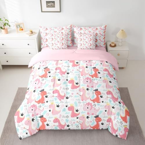 Feelyou Pink Dinosaur 7 Piece Bedding Set Cute Dinosaur Comforter Set with Sheets for Kids Boys Girls Crown Print Bed in a Bag Kawaii Animal Bed Set Soft Lightweight