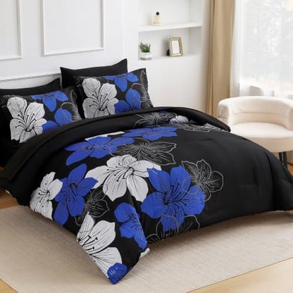 Blue King Size Comforter Set, 7 Pieces Floral on Black Bed in a Bag