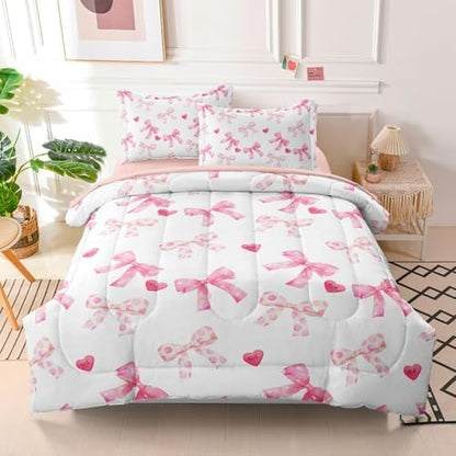 Twin Bedding Sets for Girls Pink Bow Room Decor Fluffy Comforter Sheets Set Bed in a Bag for Kids Teens All Season Use