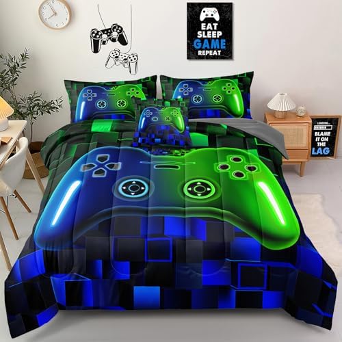 5 Pieces Gaming Bedding Set Twin Size for Boys, Blue Green 3D Video Game Controller Comforter Set for Girls Kids Teens, Cool Gamer Bedroom Decor with Sheets Pillowcase Twin55