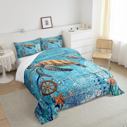 Sea Turtle Comforter Set Queen for Kids Boys Girls Sailing Route Room Decor Underwater World Bedding Comforter Aldults Bedroom Adventure Duvet Set 1 Comforter with 2 Pillow Cases,Lightweight Warm Soft