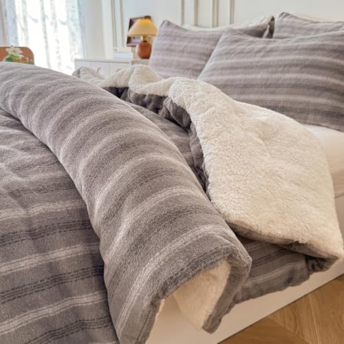 Cyusri Striped Sherpa Comforter Set 3Pcs Fluffy Warm Fleece Down Alternative, Grey Stripe Bedding Set with 2 Pillowcases, Queen Size 90"x90"