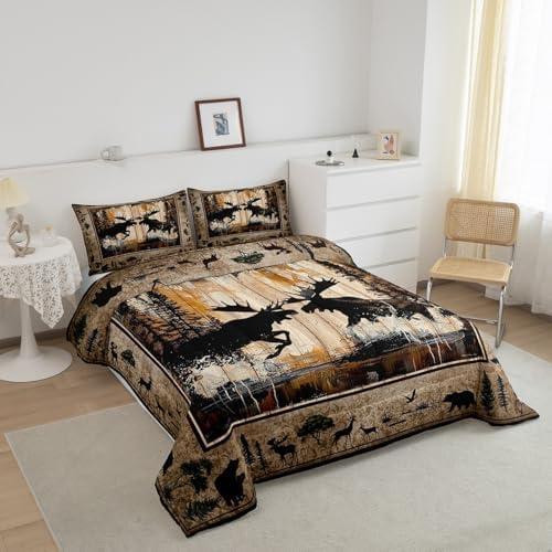 Feelyou Cute Moose Comforter Set for Girls Boys Kids Queen Size Wildlife Decor Comforter Room Decorative Rustic Cabin Country Bedding Set Nature Wild Duvet Set 3Pcs Quilt Set