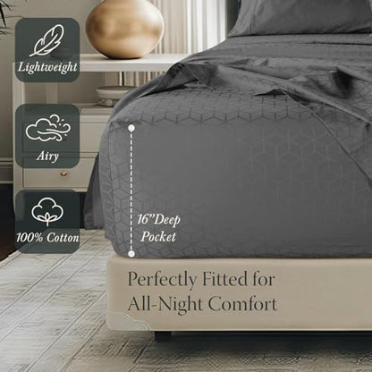 Threadmill Queen Bed Linen Set, 400 Thread Count Egyptian Cotton, Deep Pocket, Cooling Damask Jacquard, Dark Grey, 4 Piece Set