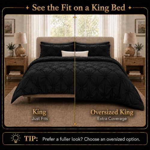 CozyLux King Size Comforter Set Black, 7 Pieces Pintuck Bed in a Bag