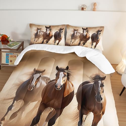 HOSIMA Brown Horse Comforter Sets King Size,3D Handsome Horse Galloping Printed Bedding Set for Adults Teens Boys Room Decor,Wildlife Theme Bedding Sets King Size with 2 Pillowcases.