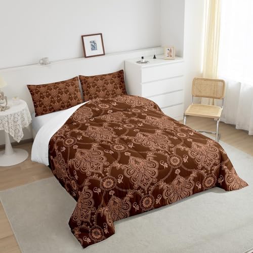 Feelyou Brown Gothic Damask Floral Comforter Set King Size Bedding Set