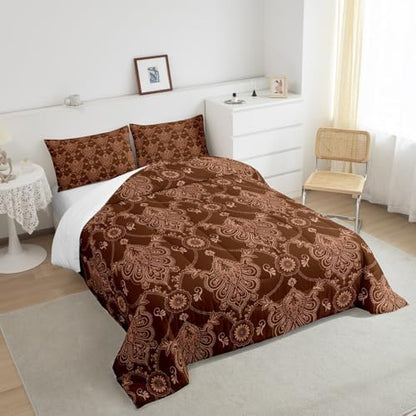 Feelyou Brown Gothic Damask Floral Comforter Set King Size Bedding Set