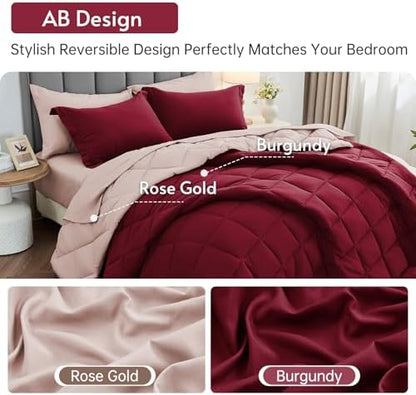 MUXHOMO 7 Pieces Oversized King Comforter Set, Reversible Bed in a Bag Oversized King Size, All Season Bedding Set with Comforter, Flat Sheet, Fitted Sheet, Pillowcases & Shams, Burgundy & Rose Gold