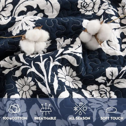 Navy Blue Quilt Set King Size, 100% Cotton Reversible Quilt Set