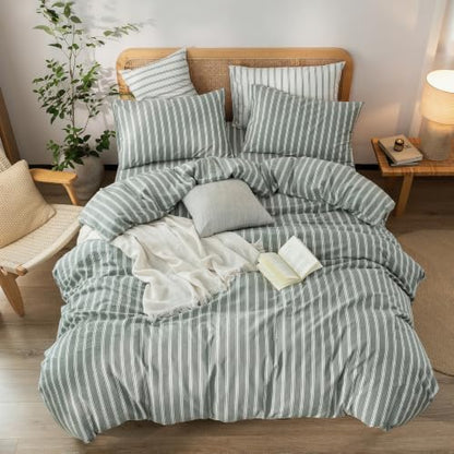 BESTOUCH Striped Cotton Duvet Cover Set Linen Feel Alaska King
