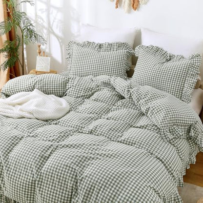 ATsense Green Gingham Ruffle Duvet Cover Set Cotton Like Linen, Twin