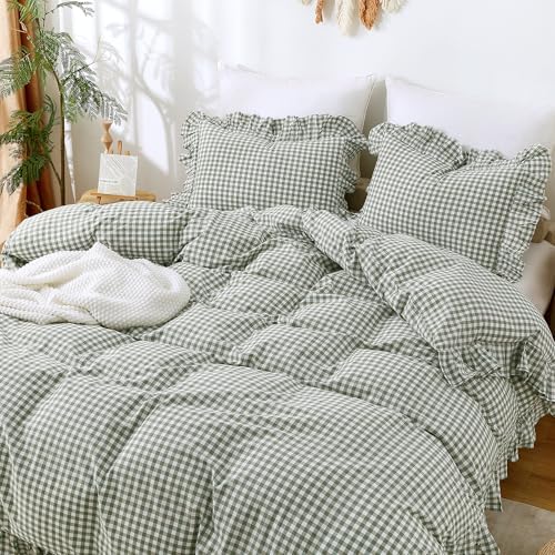 ATsense Green Gingham Ruffle Duvet Cover Set Cotton Like Linen, King