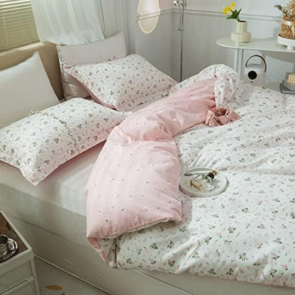 VM VOUGEMARKET Girls Duvet Cover Twin Pink Flower Bedding Set 100% Cotton Teen Girls Floral Comforter Cover with Zipper Ties Reverisble Lightweight (3pcs,68x86,White & Pink)