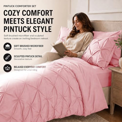 HIMEET Queen Comforter Set Pink - 7 Pieces Pintuck Bed in a Bag