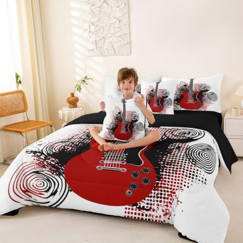 Erosebridal Guitar 7 Piece Bedding Set Queen Rock Music Comforter Set with Sheets Electric Guitar Bed in A Bag Black Spiral Grunge Style Bed Sets with 2 Pillowcases, 2 Throw Pillow Covers