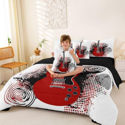 Erosebridal Guitar 7 Piece Bedding Set King Rock Music Comforter Set with Sheets Electric Guitar Bed in A Bag Black Spiral Grunge Style Bed Sets with 2 Pillowcases, 2 Throw Pillow Covers