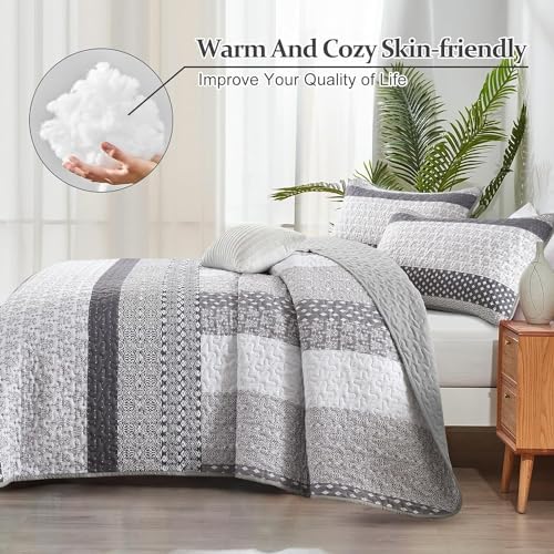 WONGS BEDDING Grey Full Size Quilt Set, Bohemian Striped Bedspreads