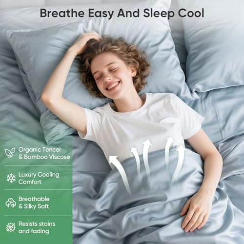 100% Bamboo Viscose & Tencel Lyocell Queen Size Sheet Set| Cooling & Breathable Bedsheets for Hot Sleepers |Luxury Silky Soft | 18" Deep Pocket with Corner Straps(French Blue, King)