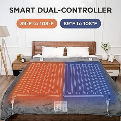 RoyalCraft Heated Blanket Queen Size with Dual Control, Fast Heating Throw with 10 Heating Levels & 0.5-12 Hour Auto-Off, ETL Certified, Machine Washable, 5 Year Warranty, Grey
