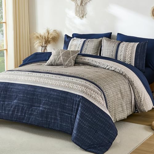 Dintszyayue Blue King Comforter Size Set, 8 Pieces Boho Grey Striped Texture Bed in a Bag Sets, Lightweight Soft Bohemian Comforter and Sheet Set, All Season Microfiber Bedding Sets for Men Women