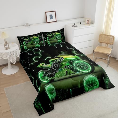 Feelyou Kids Dirt Bike Comforter Set,Extreme Sports Motocross Bedding Set Toddler Size,Boys Bedroom Room Decor,Green Neon Honeycomb Racing Motocross Comforter,Motorcycle Teens Bed Set for All Season
