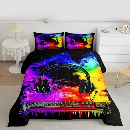 Erosebridal Gaming Keyboard Comforter Set Gaming Headphones Girl Toddler Bedding Set for Kids Boys Watercolor Smoke Fire Comforter Gamer Headset Quilt