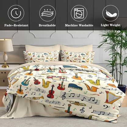 WeCozy Queen Comforter Set with Sheets, 7 Pieces Music Retro Bedding