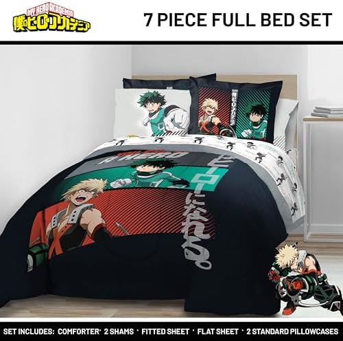 My Hero Academia Deku Full Size Comforter Set 7 Piece Anime Bedding, Black