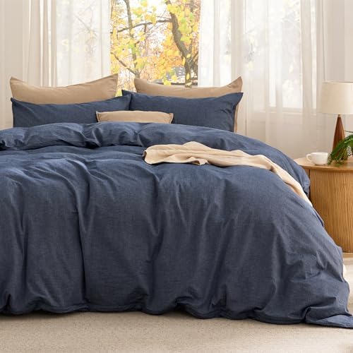 Bedsure PureWoven Cotton Comforter Set Prewashed, King, Denim Blue