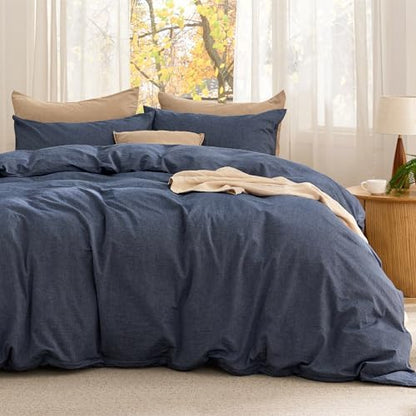 Bedsure PureWoven Cotton Comforter Set Prewashed, King, Denim Blue